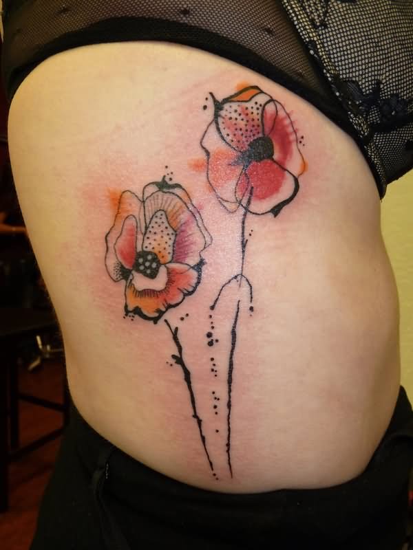 Classic Watercolor Poppy Flowers Tattoo On Side Rib