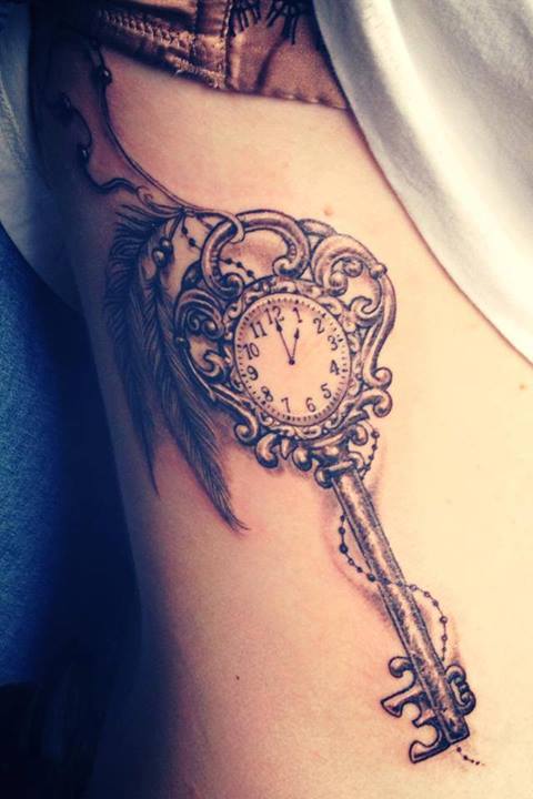 Clock In Skeleton Key Tattoo On Side Rib