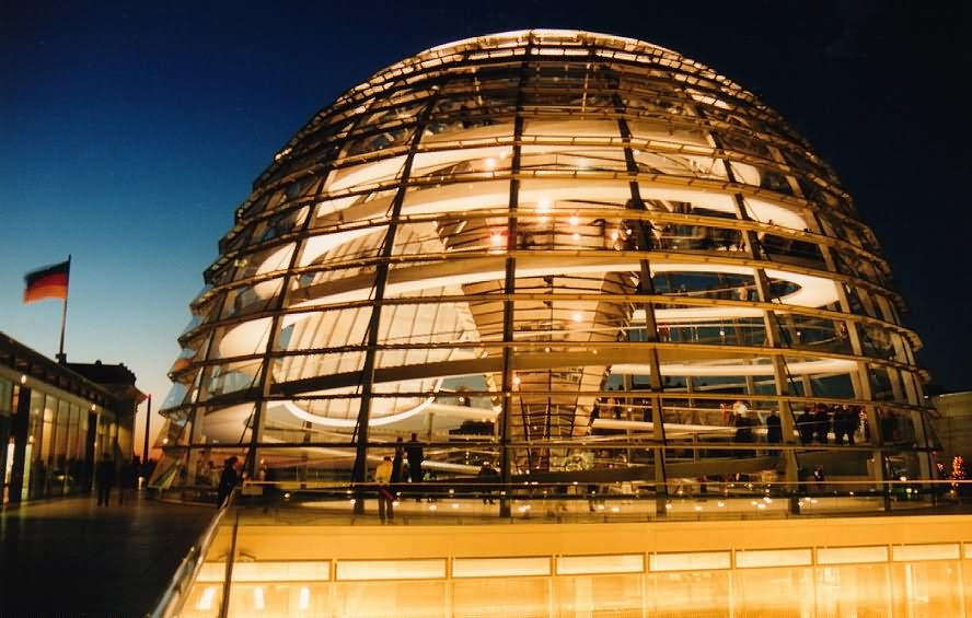 Closeup Of The Dome Of The Reichstag Building Lit Up At Night