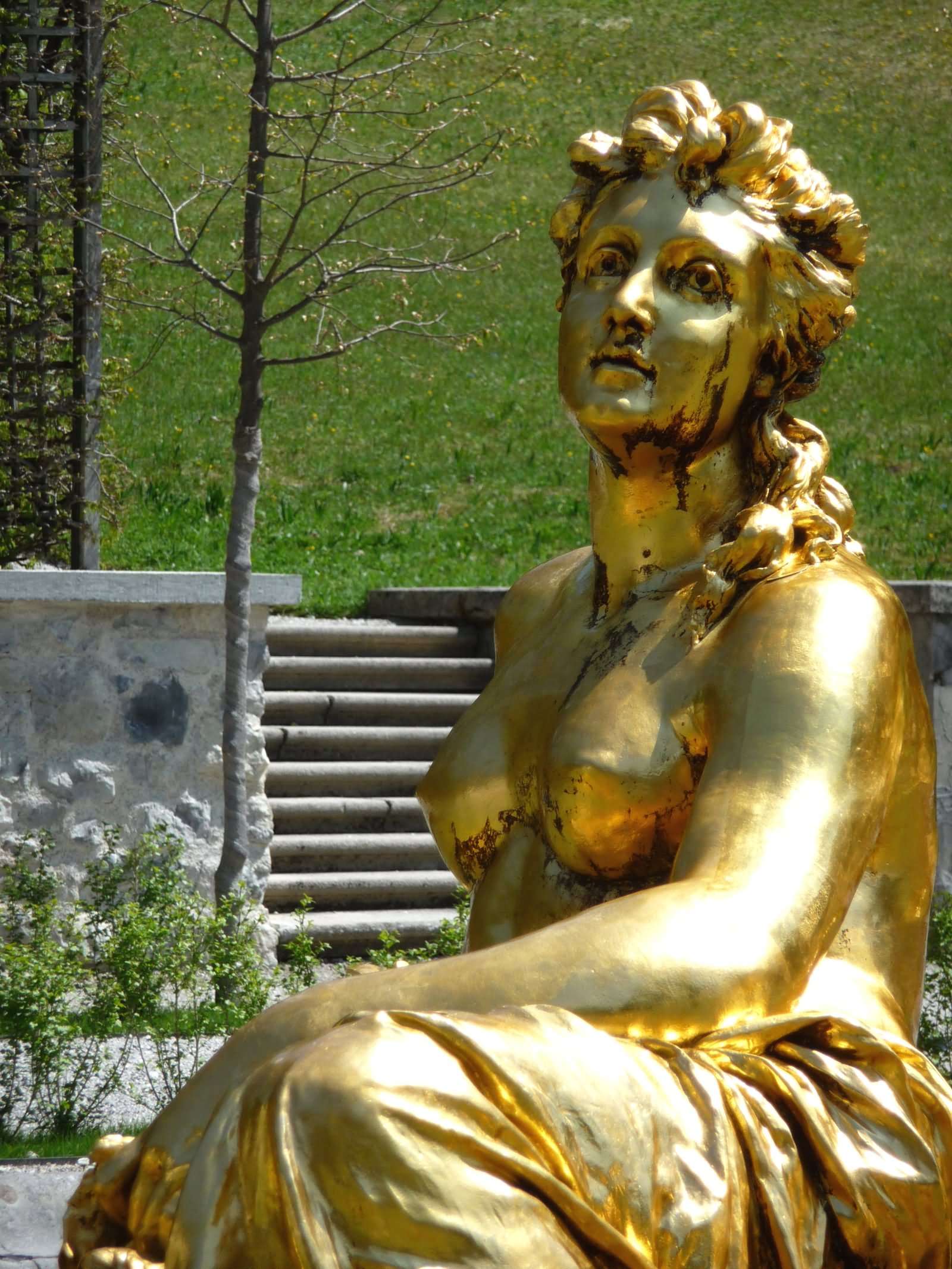 Closeup Of The Golden Water Parterre Fountain In Front Of The Linderhof Palace