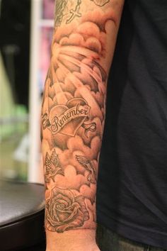 Cloud Shading With Heart And Rose Tattoo On Right Arm