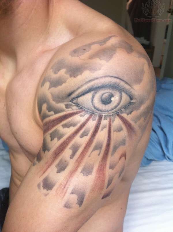 Cloud With Eye Tattoo On Left Shoulder