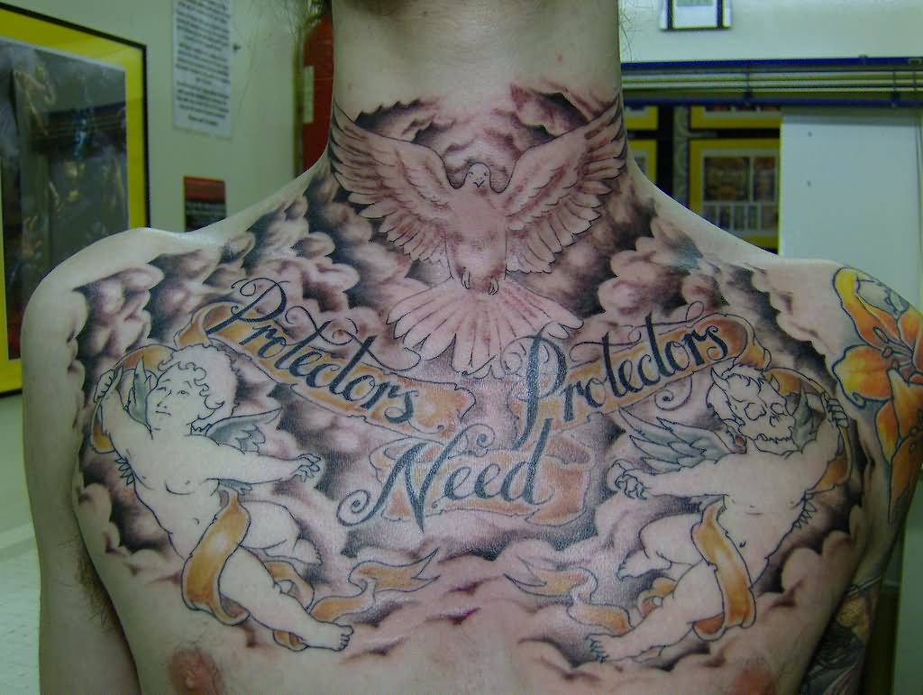 Clouds With Cherub And Banner Tattoo On Man Chest