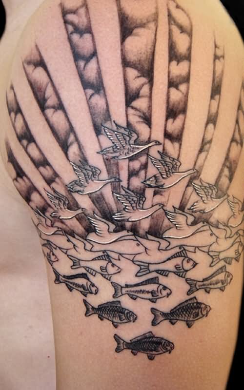 Clouds With Flying Birds And Fishes Tattoo On Shoulder