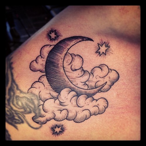 Clouds With Half Moon And Stars Tattoo Design