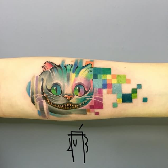 Colored Cheshire Cat Tattoo On Arm