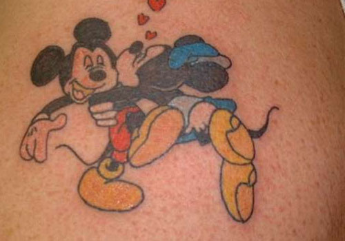 Colored Mickey And Minnie Kissing Tattoos