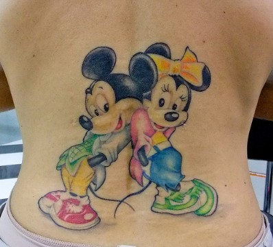 Colored Mickey Mouse And Minnie Mouse Tattoos On Back