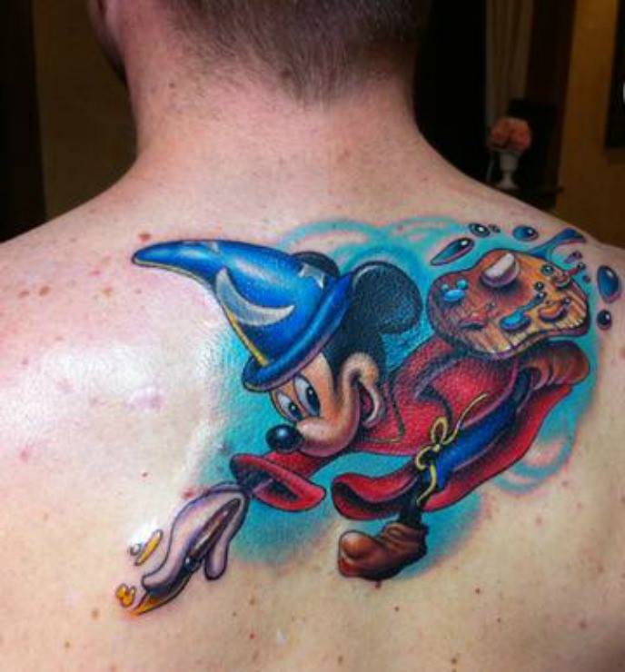 Colored Mickey Mouse Tattoo On Back Shoulder
