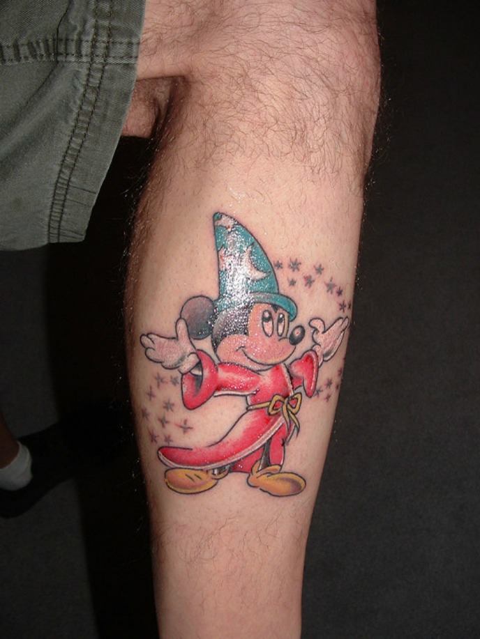 Colored Mickey Mouse Tattoo On Leg