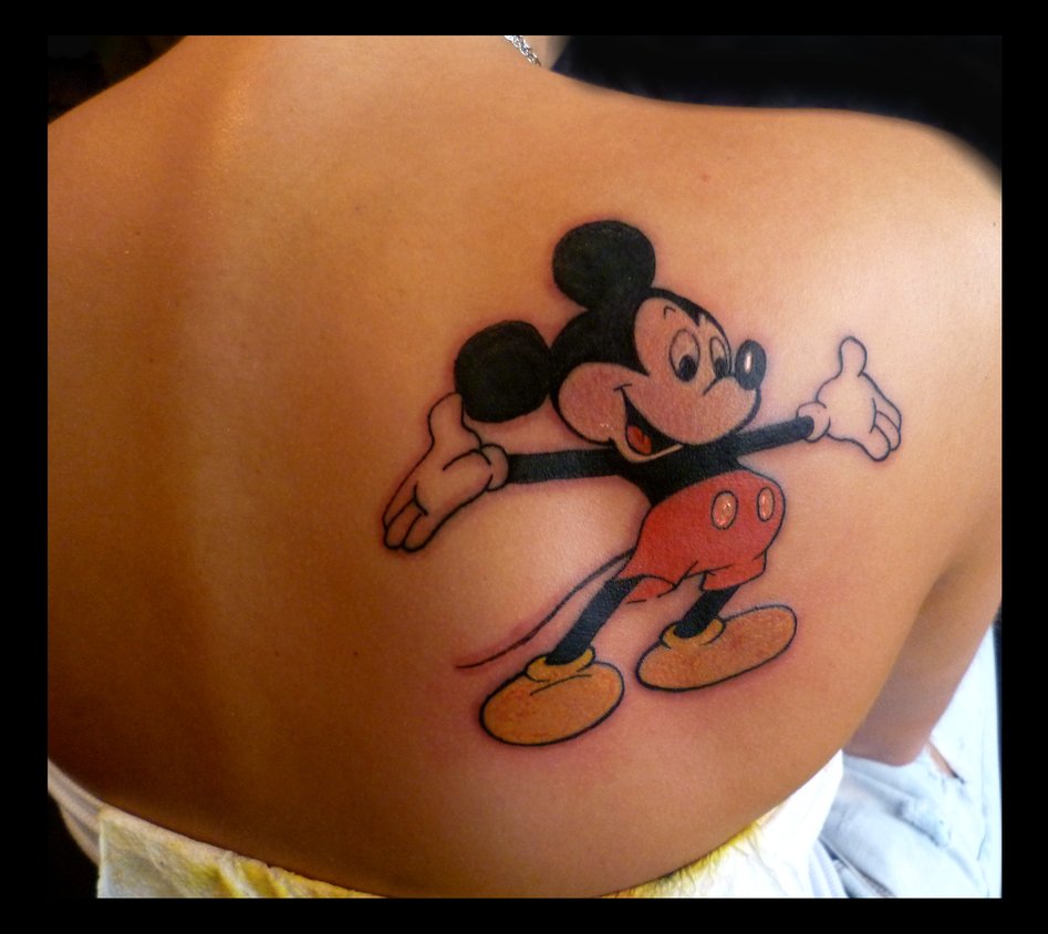 Colored Mickey Mouse Tattoo On Right Back Shoulder