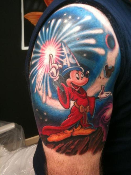 Colored Mickey Mouse Tattoo On Right Shoulder