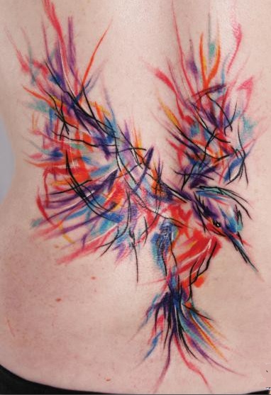 Colorful Abstract Bird Tattoo Design For Lower Back