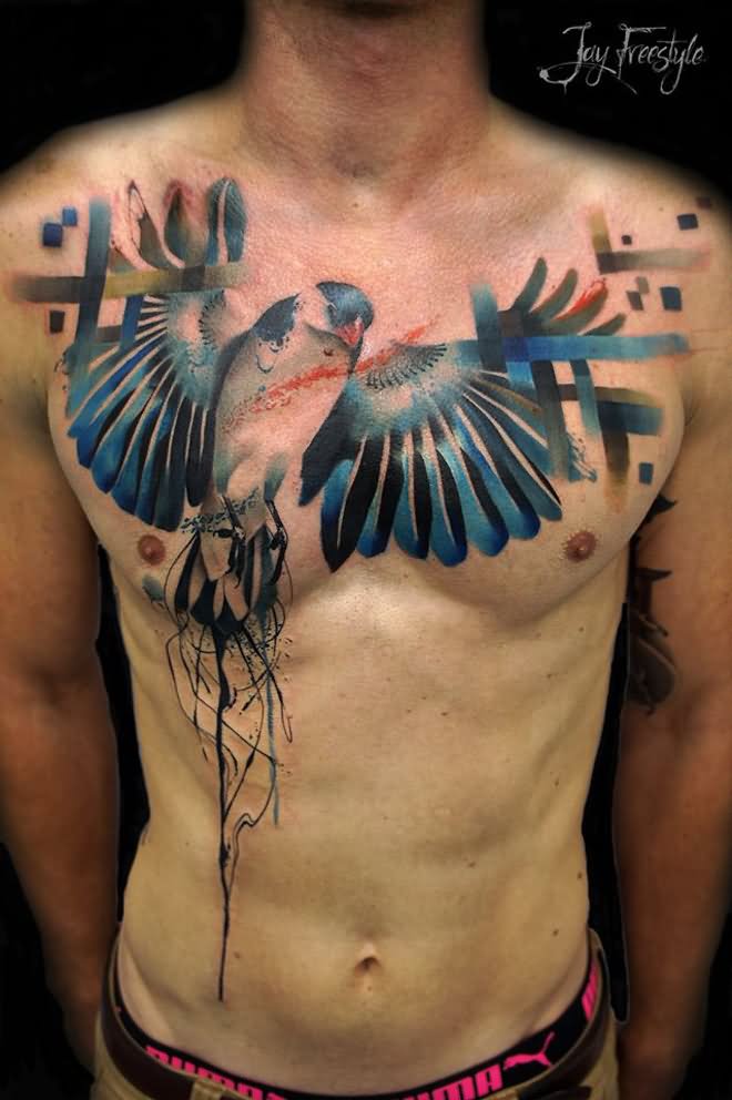 Colorful Abstract Bird Tattoo On Man Chest