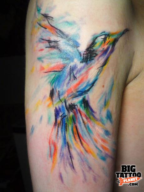 Colorful Abstract Bird Tattoo On Right Half Sleeve By Angelia