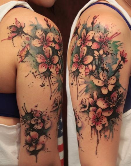 Colorful Abstract Flowers Tattoo On Right Half Sleeve