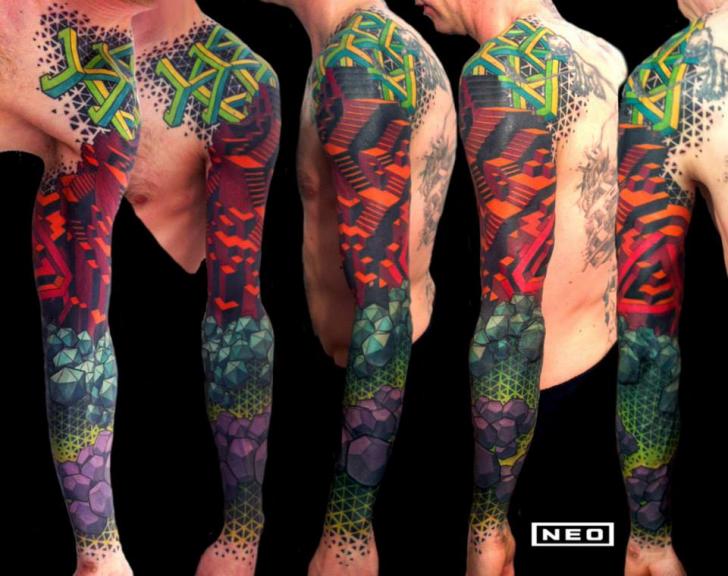 Colorful Abstract Geometric Tattoo On Full Sleeve By Delaine Gilma