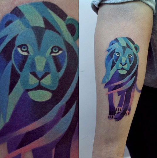 Colorful Abstract Lion Tattoo Design For Forearm