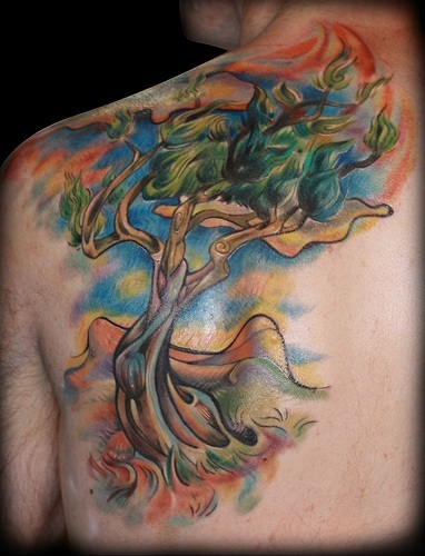 Colorful Abstract Tree Tattoo On Man Left Back Shoulder