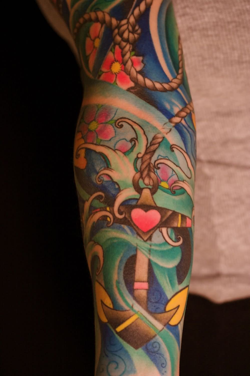 Colorful Anchor With Flowers Tattoo Design For Full Sleeve