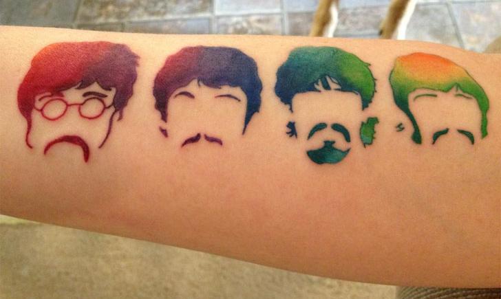 Colorful Beatles Faces Tattoo Design For Sleeve