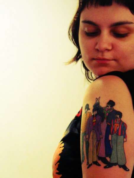 Colorful Beatles Tattoo On Girl Left Shoulder