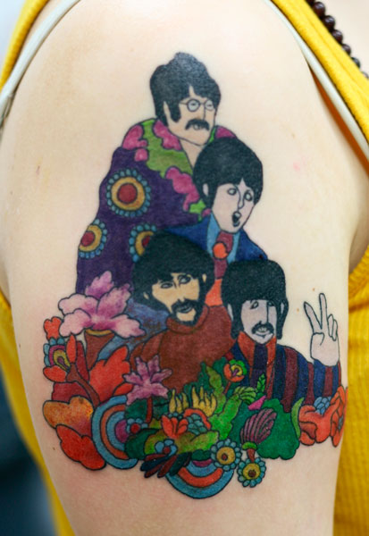 Colorful Beatles Tattoo On Right Half Sleeve