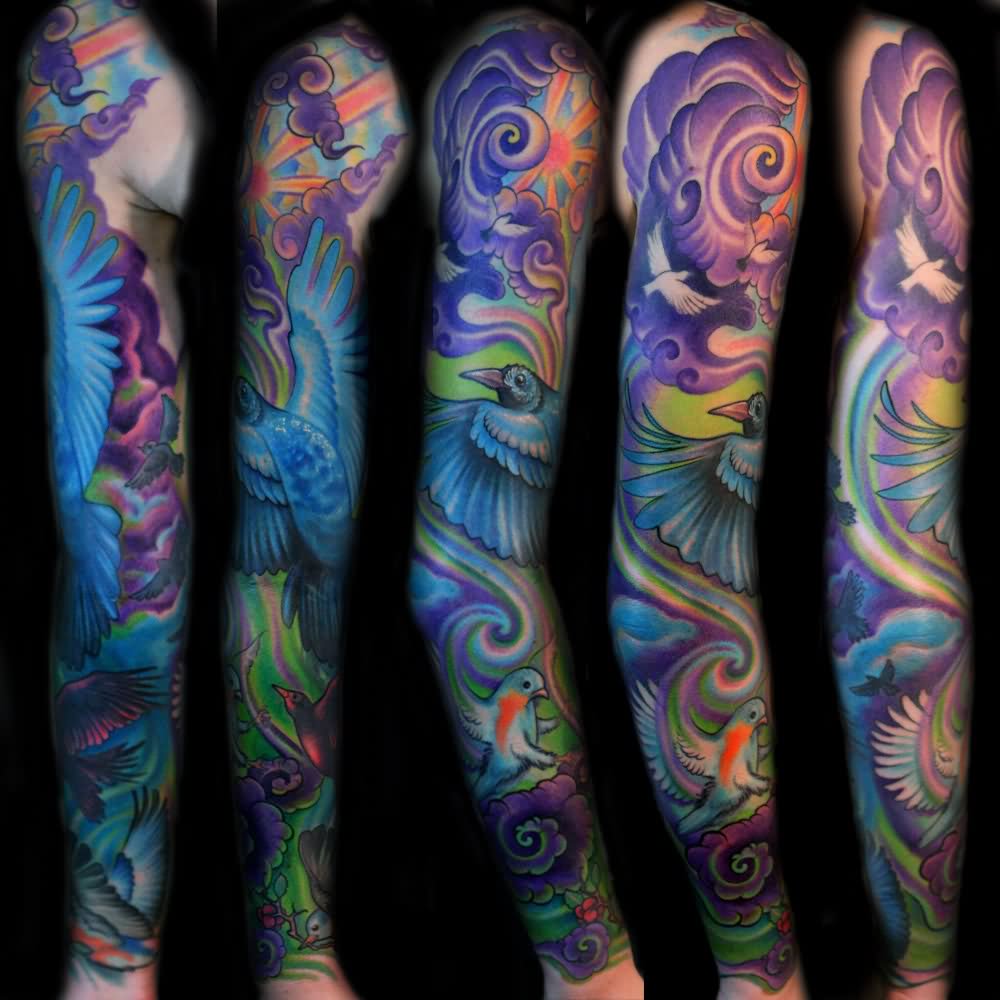 Colorful Birds Tattoo Design For Full Sleeve
