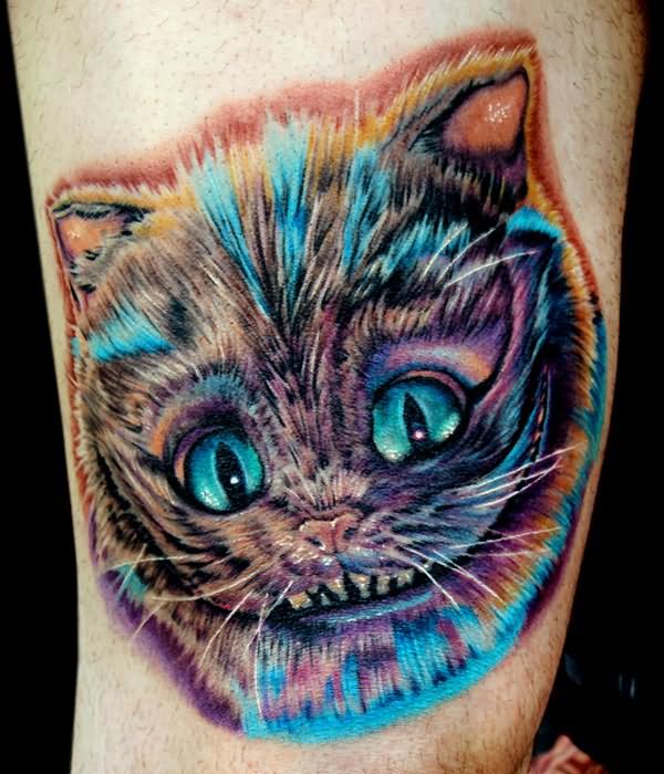 Colorful Cheshire Cat Head Tattoo