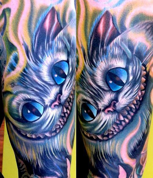 Colorful Cheshire Cat Tattoo On Half Sleeve