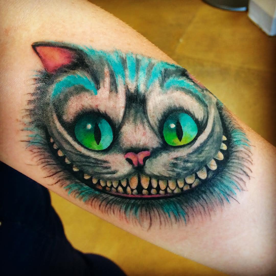 Colorful Cheshire Cat Tattoo On Sleeve