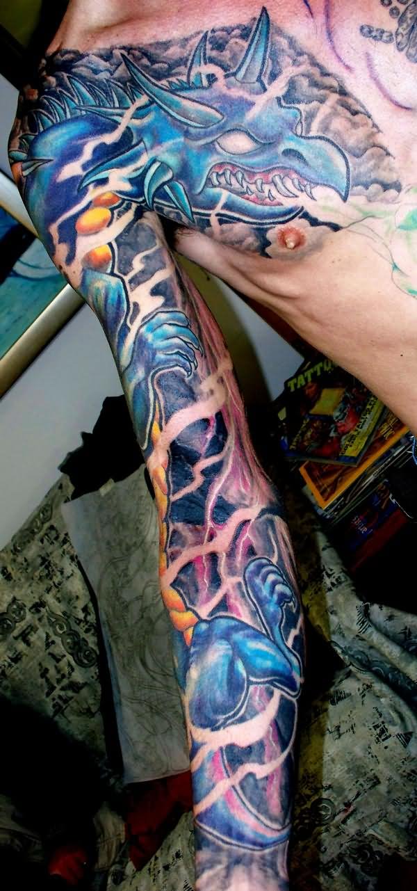 Colorful Dragon Tattoo On Man Right Full Sleeve By Vince Wishart