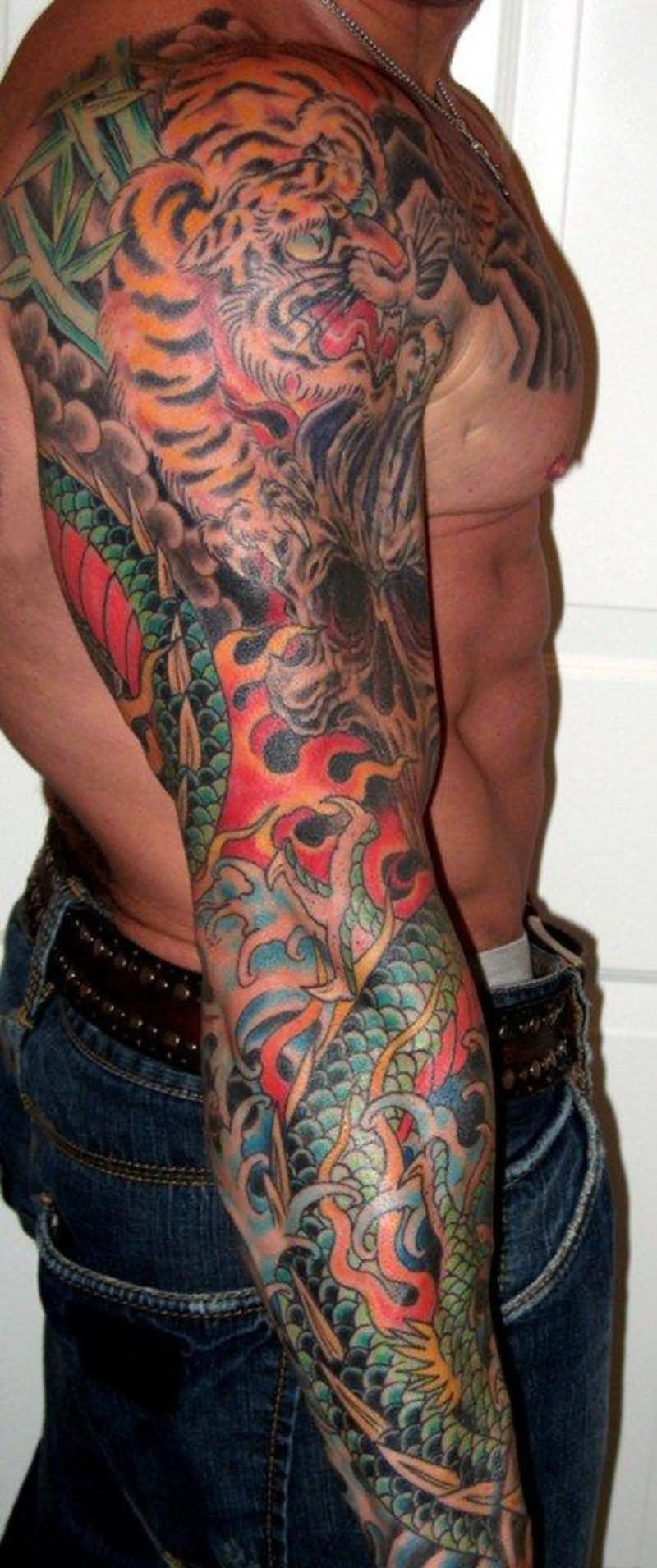 Colorful Dragon With Tiger Tattoo On Man Right Full Sleeve