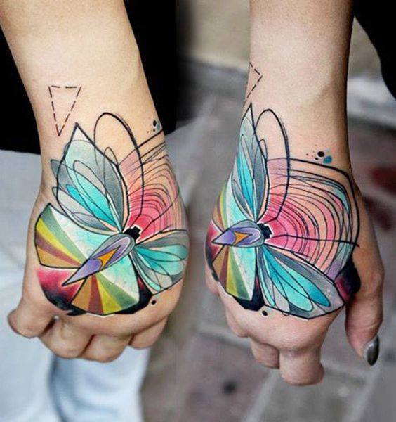 Colorful Dragonfly Tattoo On Hand For Girls