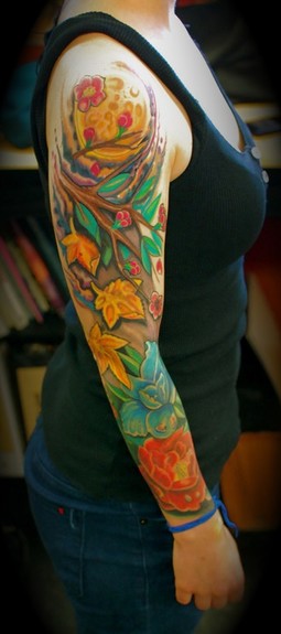 Colorful Flowers Tattoo On Women Right Full Sleeve