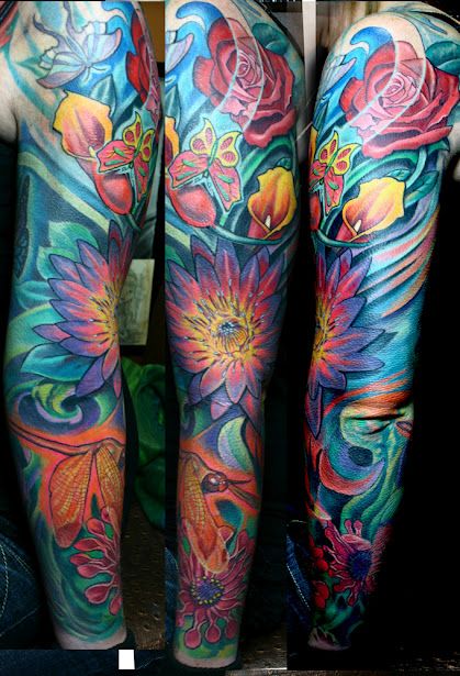 Colorful Flowers With Butterflies Tattoo On Full Sleeve
