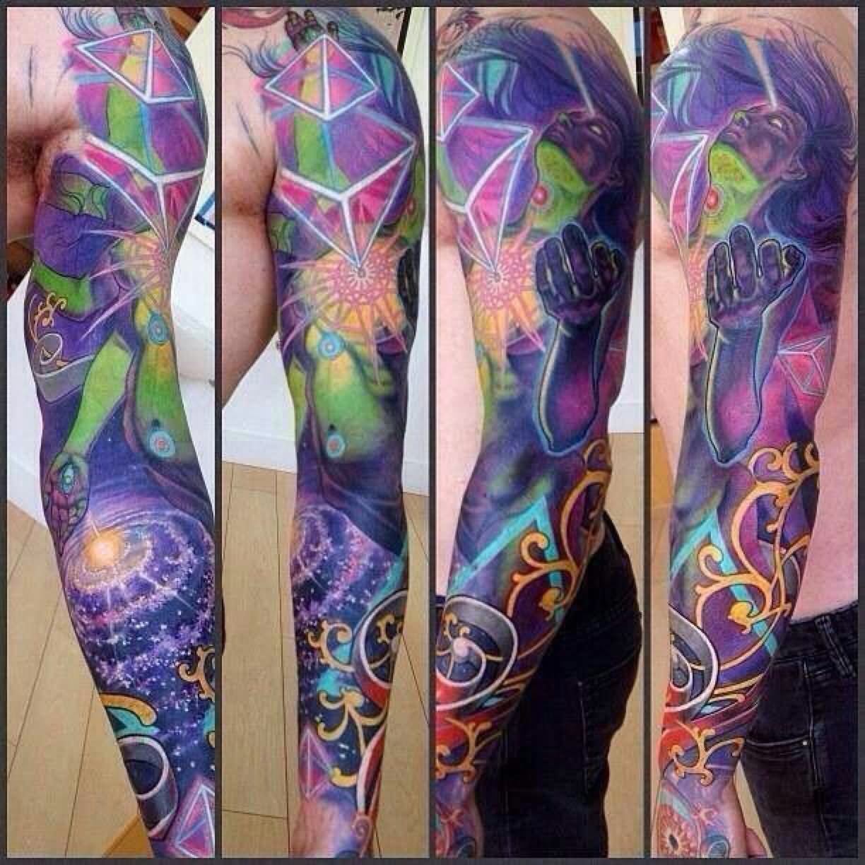 Colorful Geometric Tattoo On Full Sleeve.