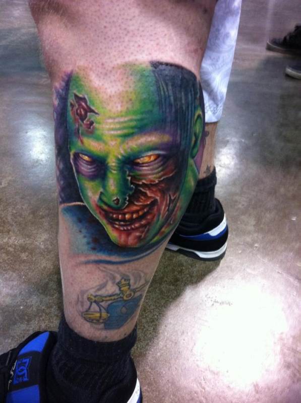 Colorful Horror Zombie Tattoo On Left Leg Calf