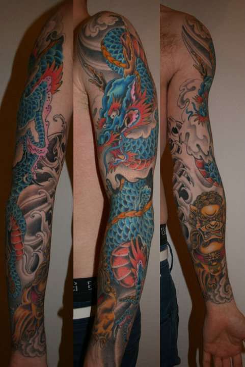 Colorful Japanese Dragon Tattoo On Full Sleeve