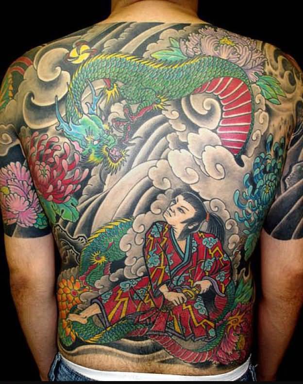 Colorful Japanese Warrior With Dragon Tattoo On Man Full Back