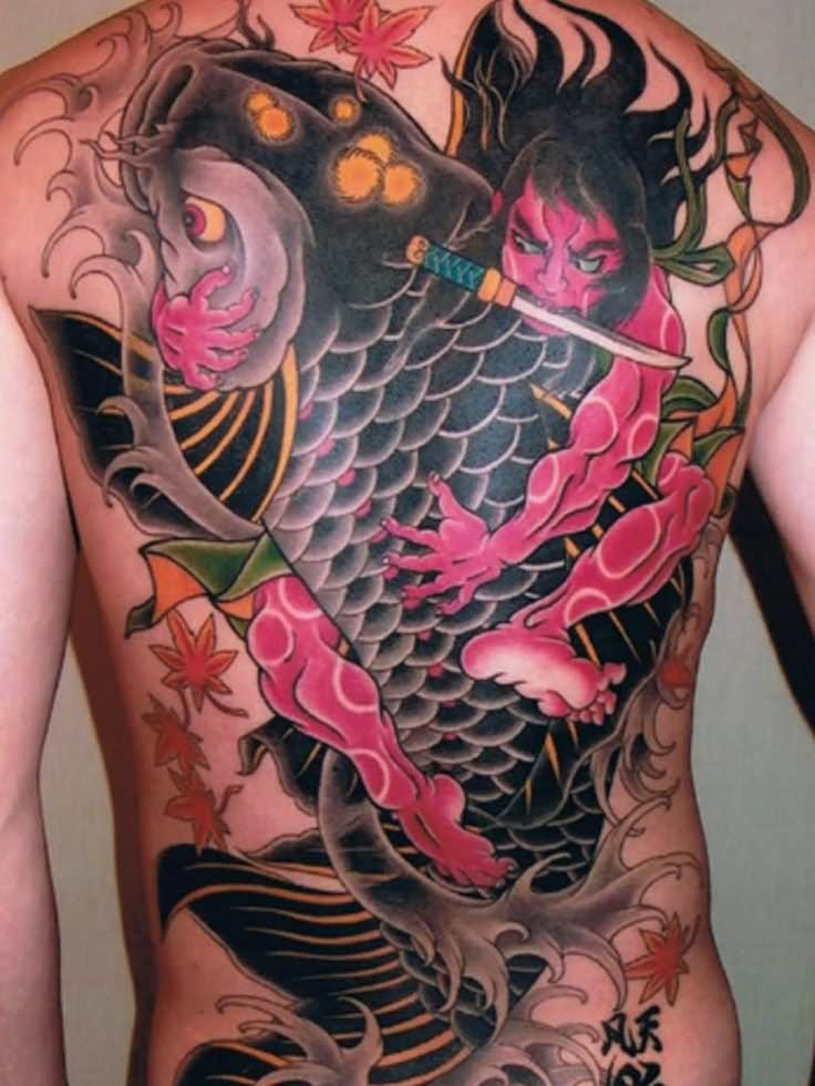 Colorful Japanese Warrior With Koi Fish Tattoo On Full Back