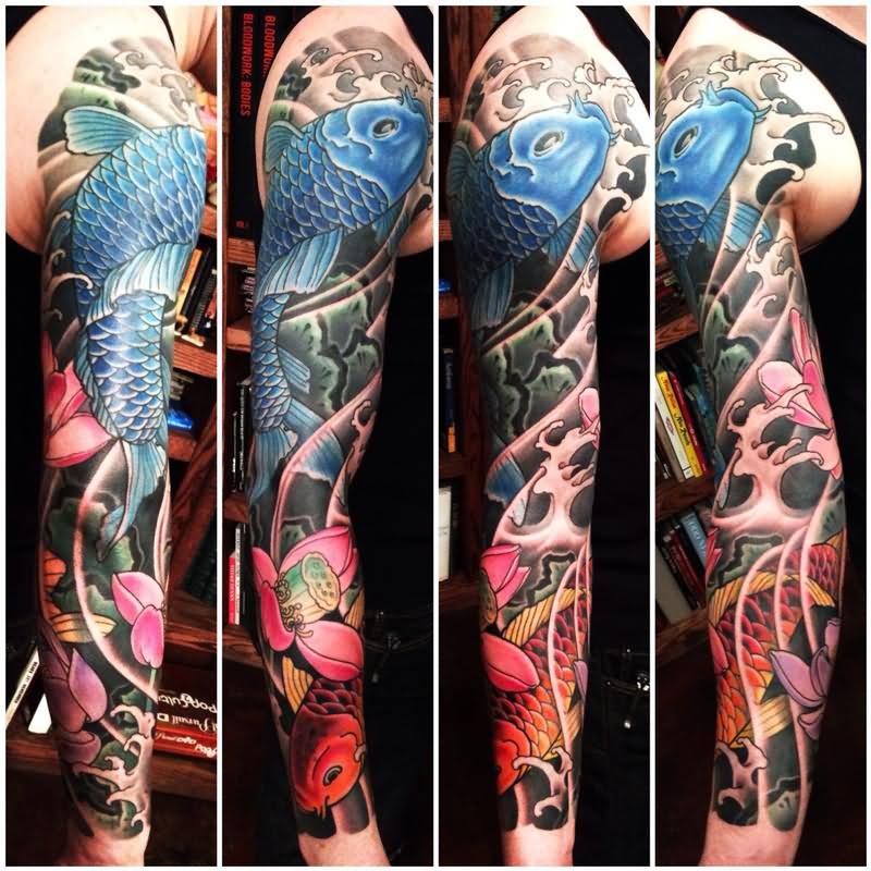 Colorful Koi Fishes With Flowers Tattoo On Right Full Sleeve