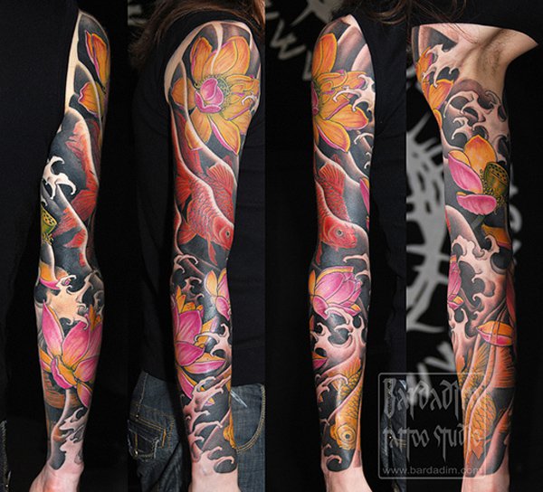 Colorful Koi Fishes With Lotus Flowers Tattoo On Girl Right Full Sleeve