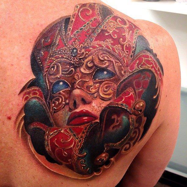 Colorful Mardi Gras Mask Tattoo On Right Back Shoulder