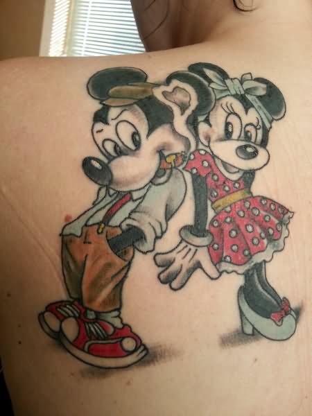 Colorful Mickey And Minnie Tattoos On Left Back Shoulder