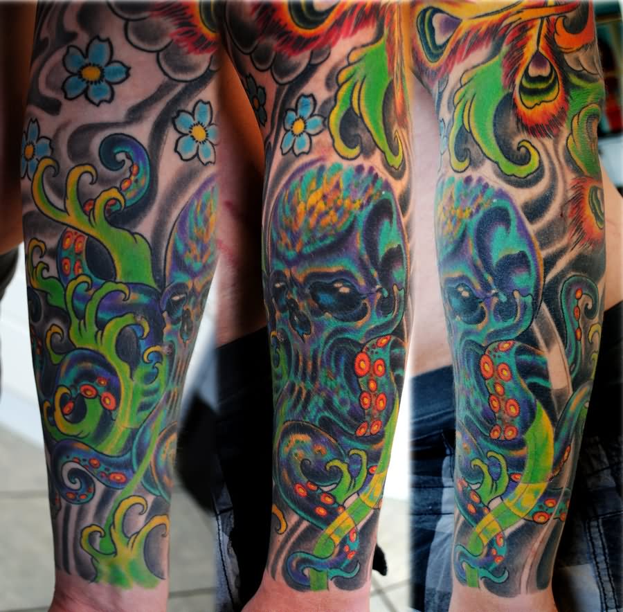 Colorful Octopus With Flowers Tattoo Design For Full Sleeve