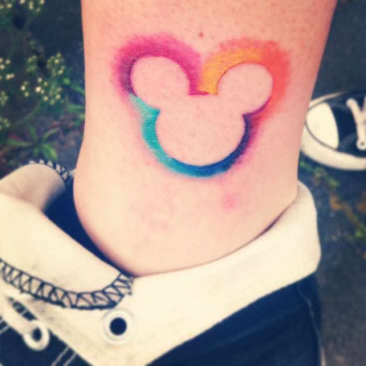 Colorful Outline Mickey Mouse Tattoo On Leg