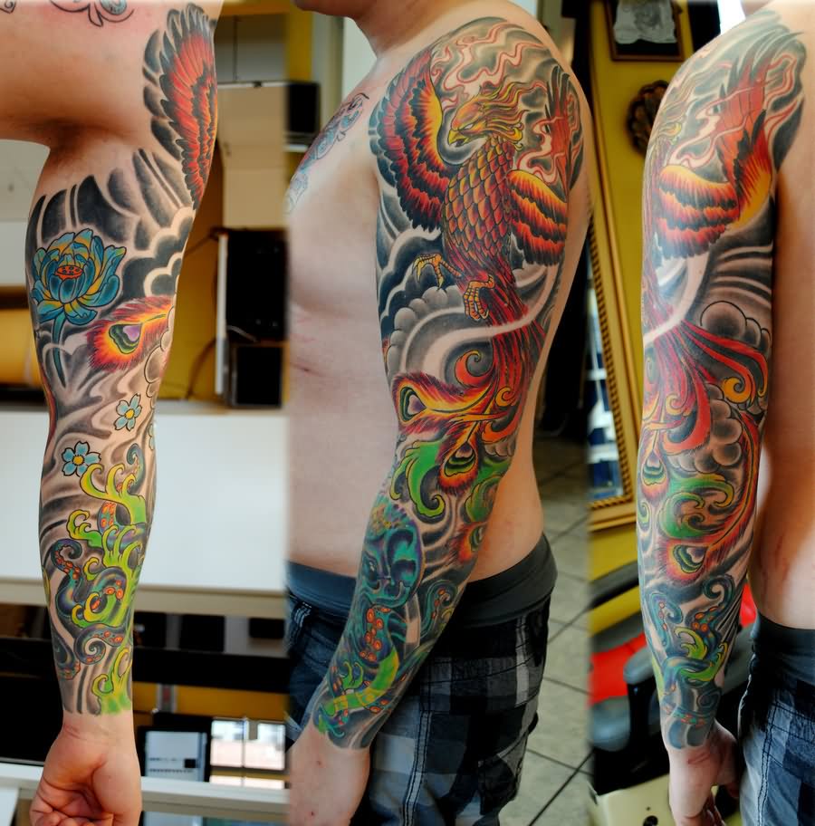 Colorful Phoenix With Rose Tattoo On Man Left Full Sleeve