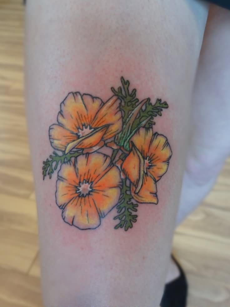 Colorful Poppy Flowers Tattoo Design For Thigh