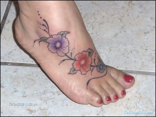 Colorful Poppy Flowers Tattoo On Right Foot